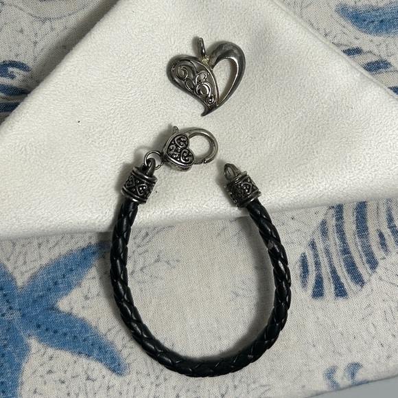 Brighton Braided Black Leather Cord Bracelet Heart Charm Silver Plated Vintage - Picture 6 of 13